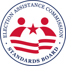 U.S. Election Assistance Commission Standards Board circular logo featuring two outlines of people with a star between them and two stripes waving below.