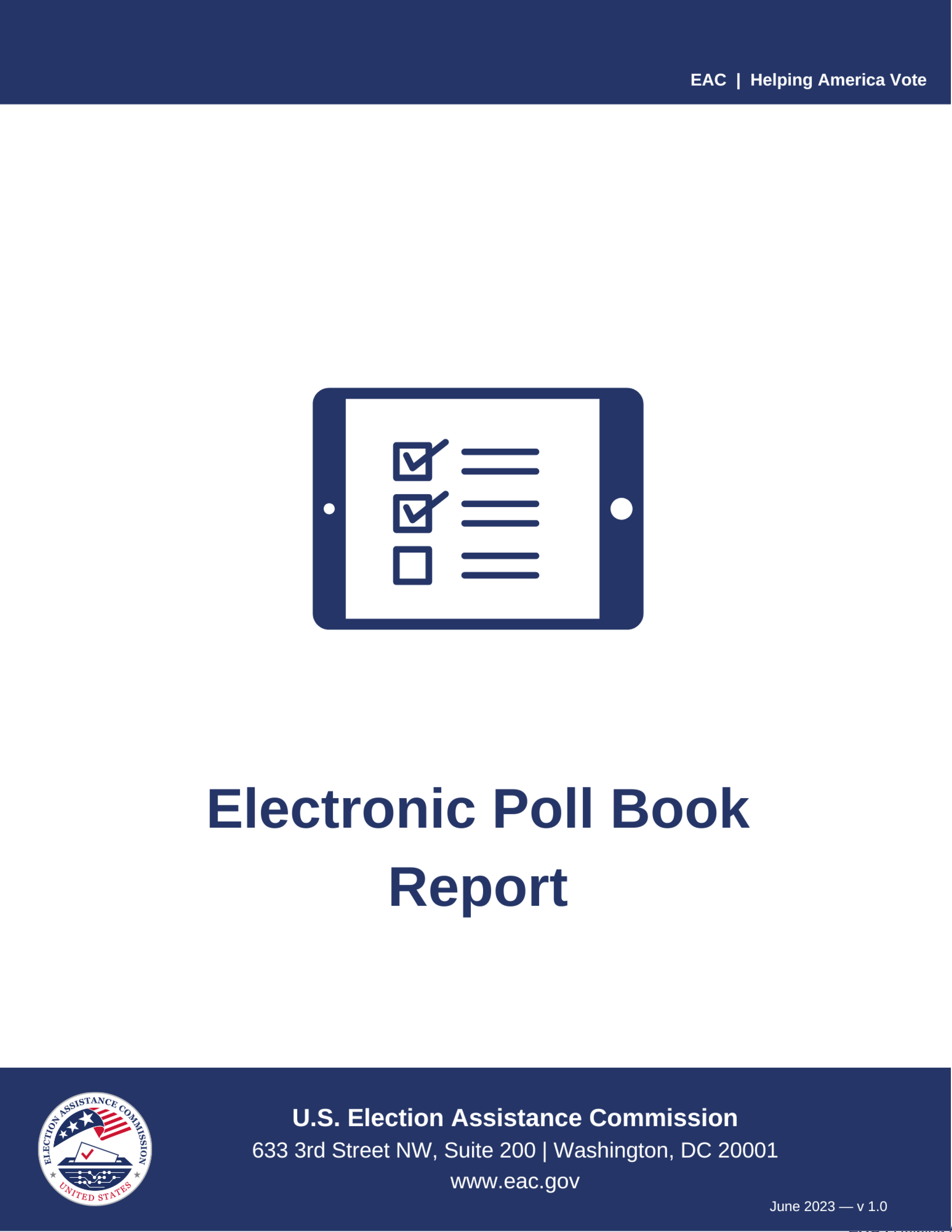 "Electronic Poll Book Report" cover with graphic of digital screen and checklist. EAC seal at bottom.