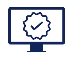 Graphic of computer monitor and a check mark with a star-like circle around the check mark.