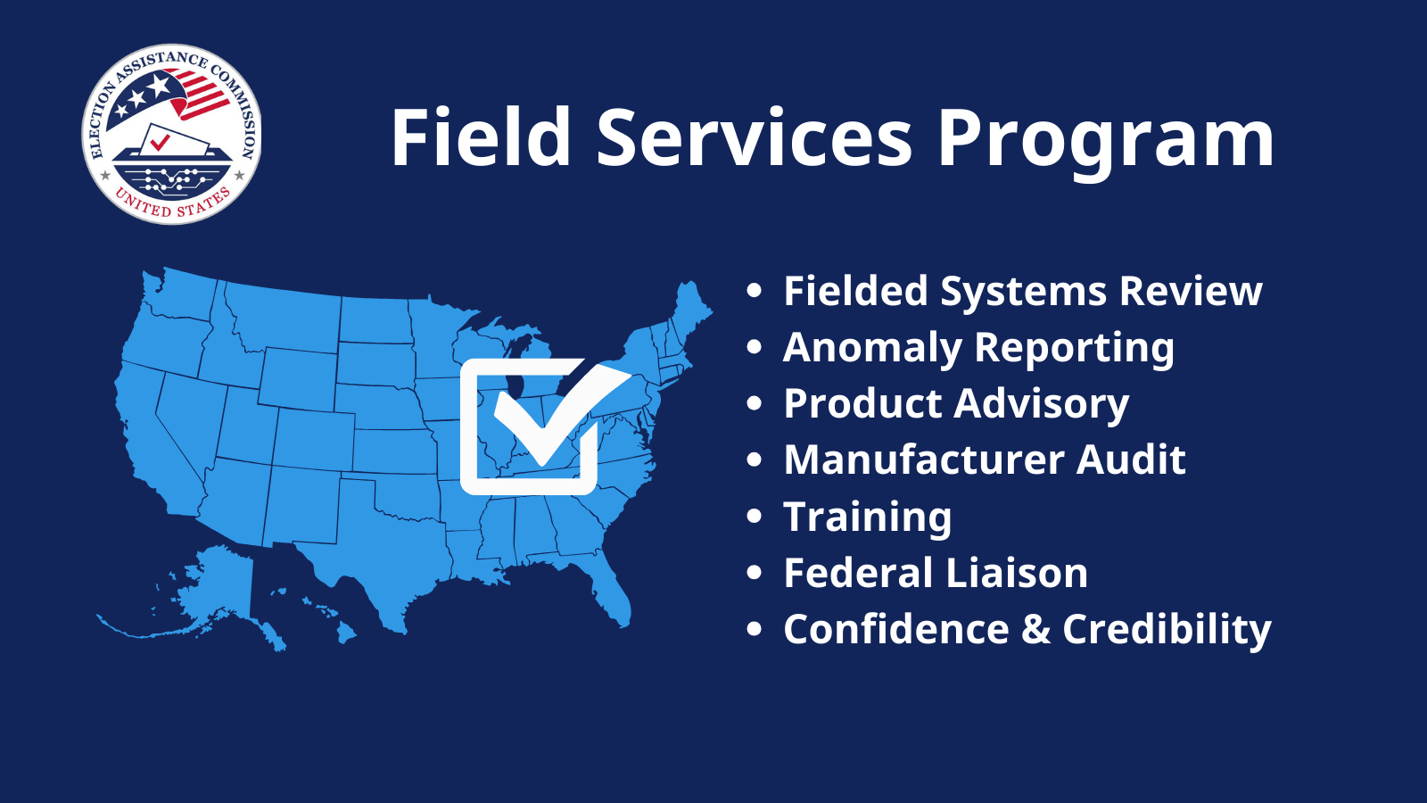 EAC logo with graphic of United States Map and check box, "Field Services Program •Fielded Systems Review •Anomaly Reporting •Product Advisory •Manufacturer Audit •Training •	Federal Liaison •Confidence & Credibility"