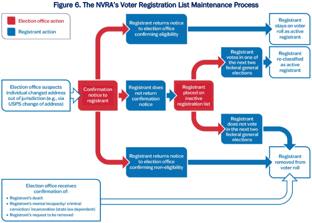 A flow chart, indicating the steps of the Voter Registration List Maintenance Process, as suggested in the National Voter Registration Act