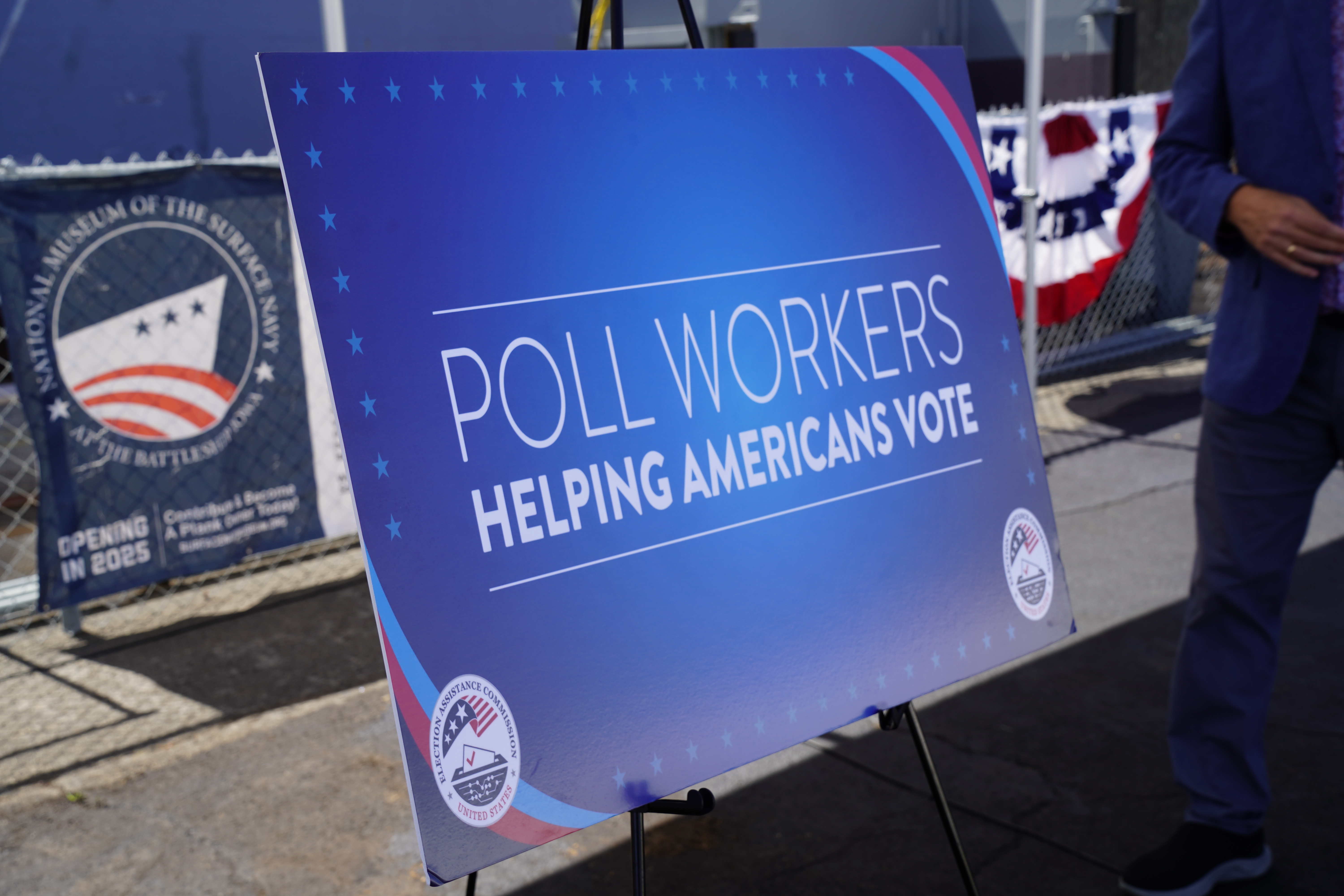 Helping Americans Vote sign on USS Iowa