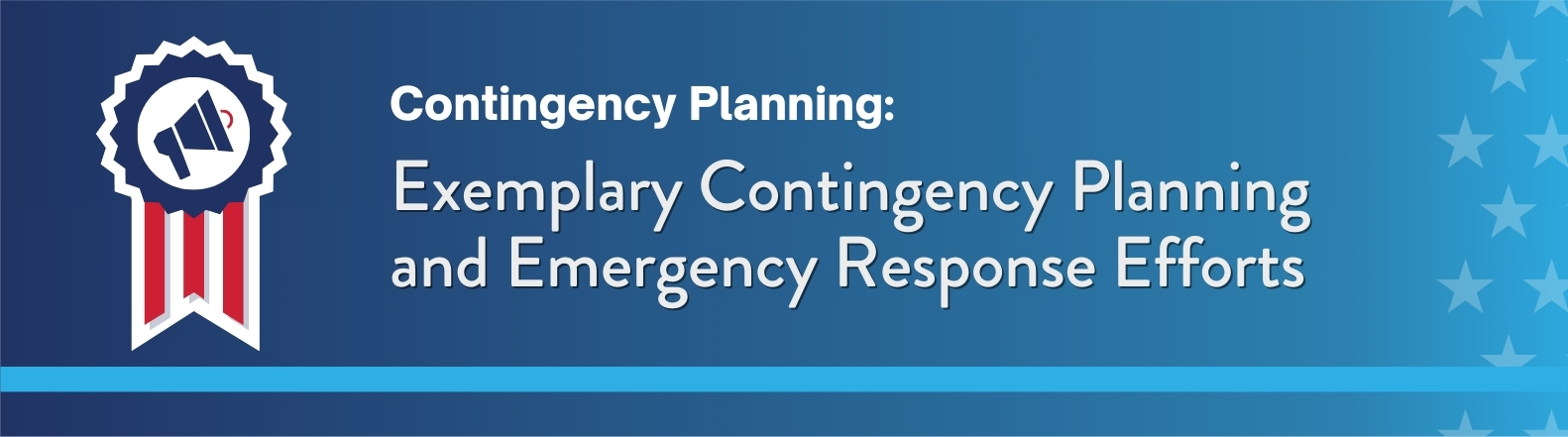 Dark blue background. On the left is an illustration of a ribbon with a megaphone. On the right, white text reads: “Contingency Planning: Exemplary Contingency Planning and Emergency Response Efforts.”