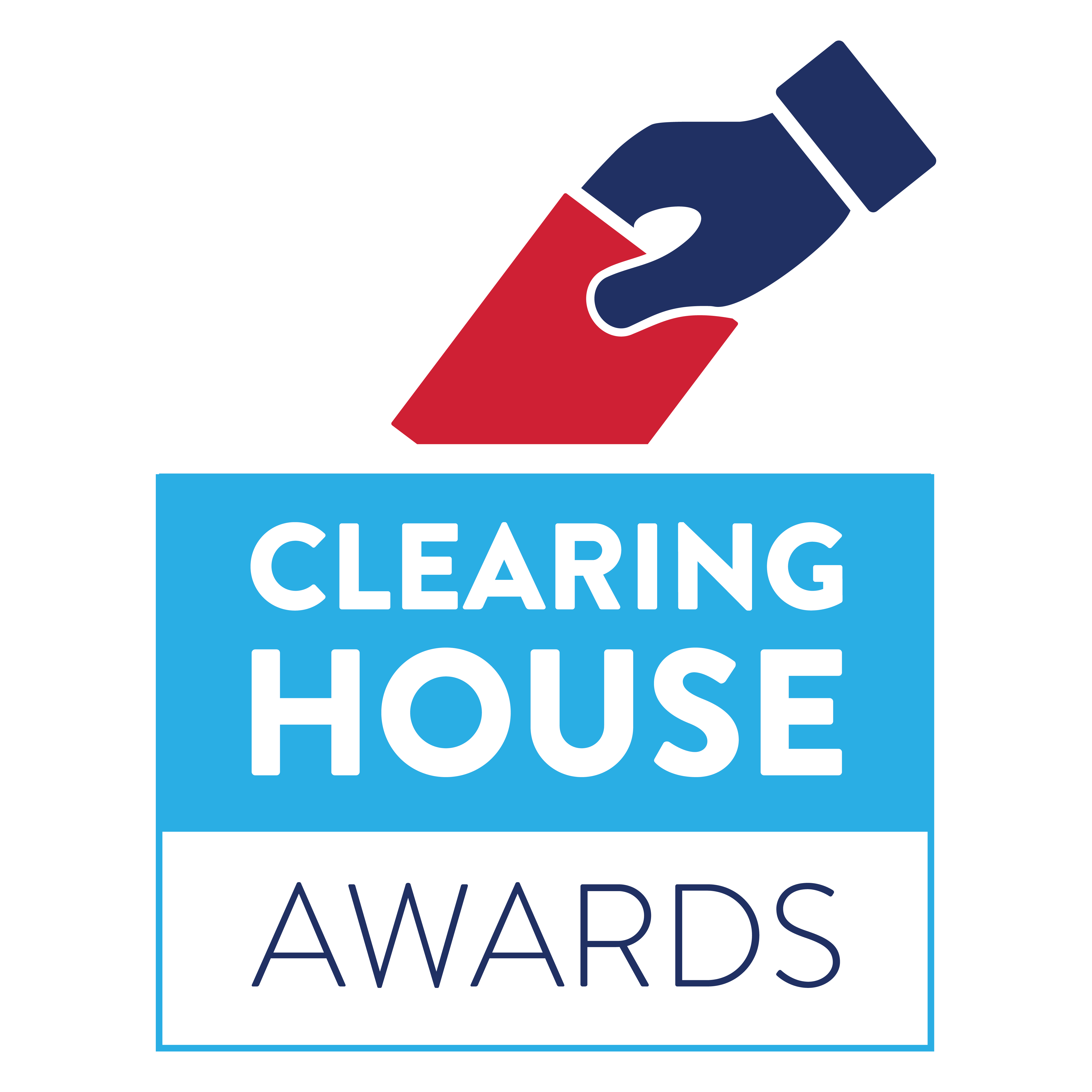 A voter's hand drops a bright red ballot into a box that reads "Clearinghouse Awards." The voter's hand is navy blue while the ballot box is sky blue with a separate grey background behind the word "Awards." 
