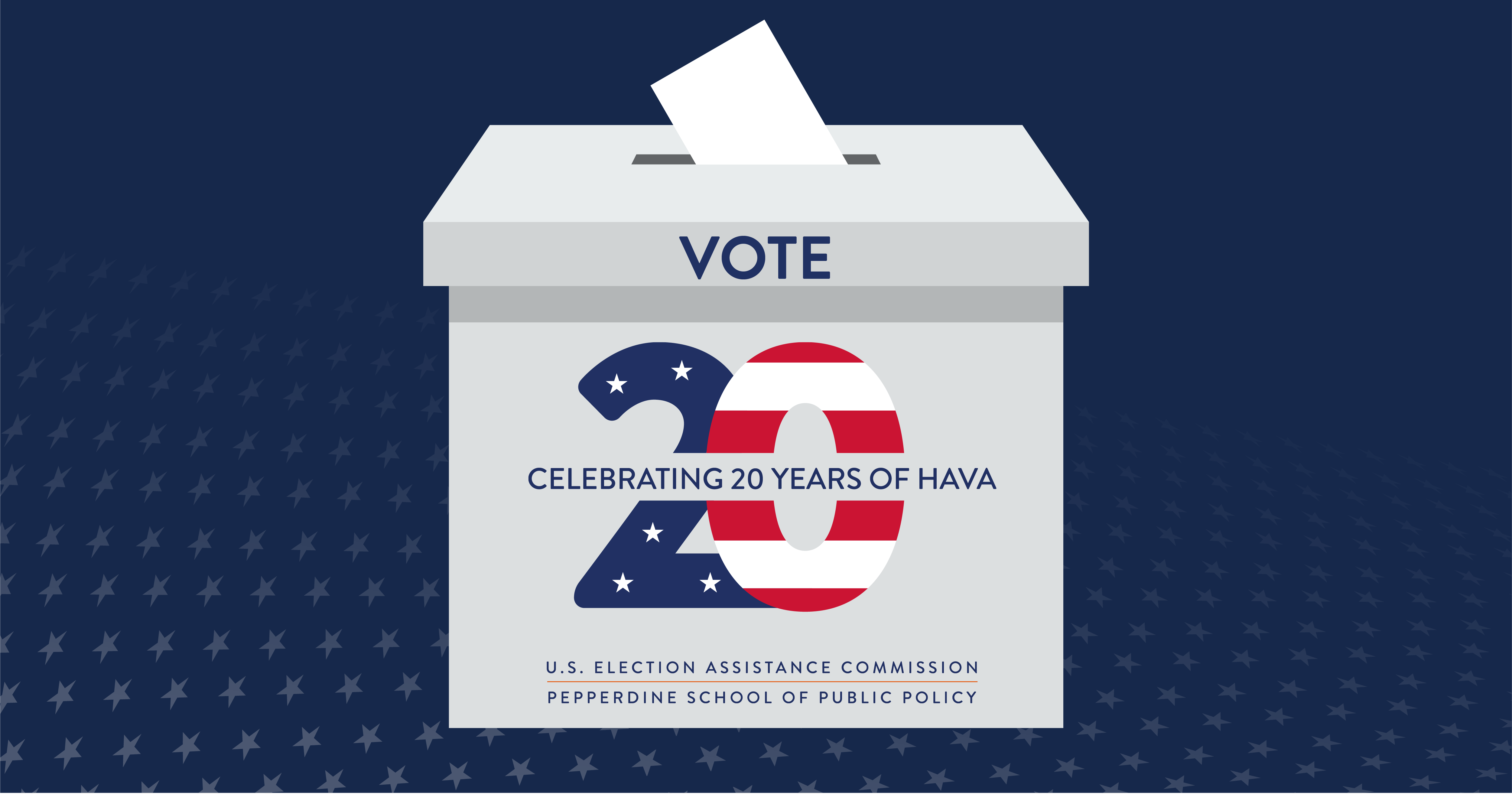 Logo with ballot box with large red white and blue 20 and "Celebrating 20 Years of HAVA" in the center.