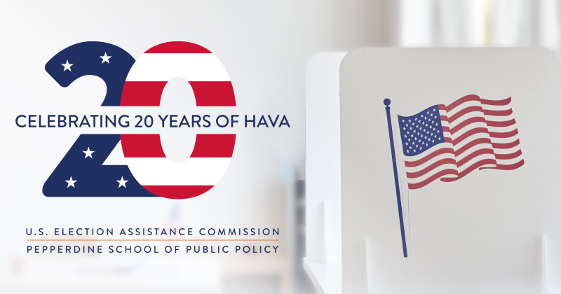 Logo with voting box and US flag with large red white and blue 20 and "Celebrating 20 Years of HAVA" in the center.