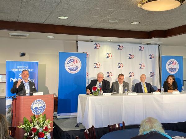 "EAC Commissioner Donald Palmer moderates the “Future of Elections” panel (from left to right: EAC Commissioner Palmer, Doug Lewis, Dean Logan, Deak Kersey, and Mindy Romero)."