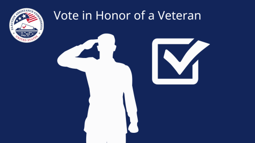 EAC seal on top left. Saluting military member and checkmark. Text reads "Vote in Honor of a Veteran"
