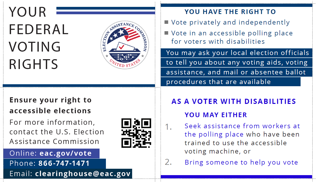 "The image is of the EAC’s voting rights card, which provides federal voting rights for voters with disabilities. This information is covered in the above text.""