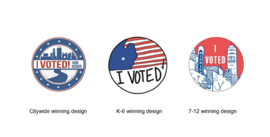 Image: 3 Stickers, Citywide winning design ann arbor skyline with words:" I Voted Ann Arbor",  K-6 winning design child's drawing with the words "I voted", 7-12 winning design buildings with the words "I Voted" in the middle