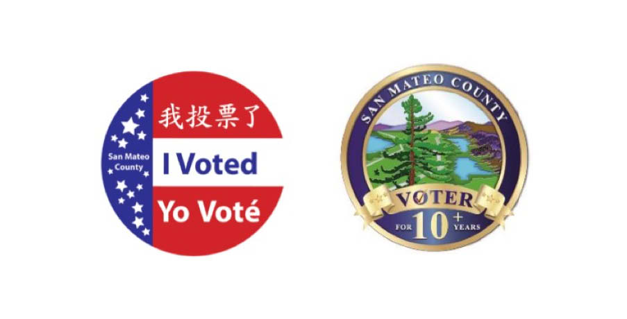 Image: 2 stickers - one with three languages all saying "I voted" and second one has a painted view of a pine tree and has the words Voted for 10+ years