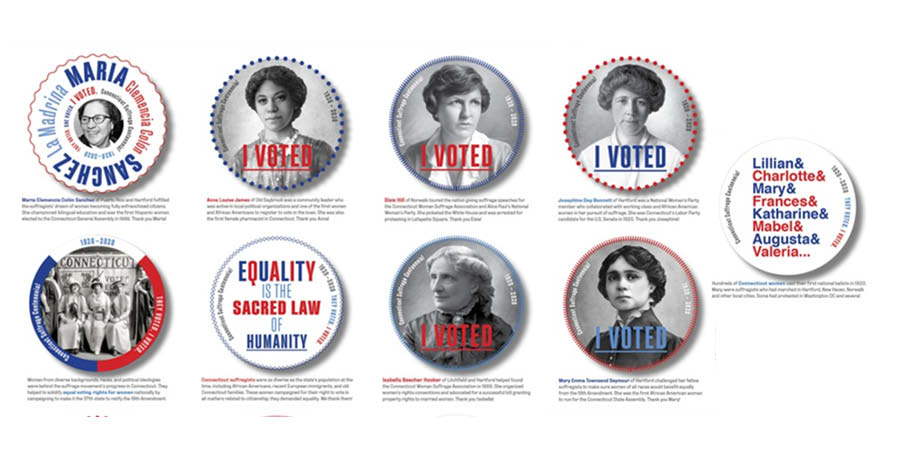 Image: 9 I voted stickers depicting 9 different images related to Connecticut suffragist or women's rights