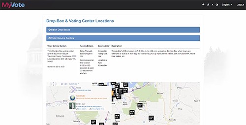 Map of the Drop Box locations on the MyVote Website from Washington State