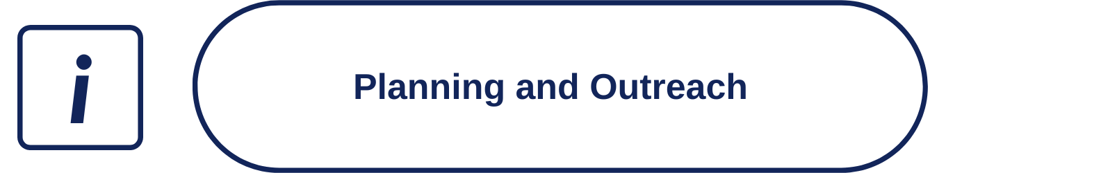 "In a navy blue box to the left is an italicized lowercase letter i. in an navy oval text box the text reads Planning and Outreach""