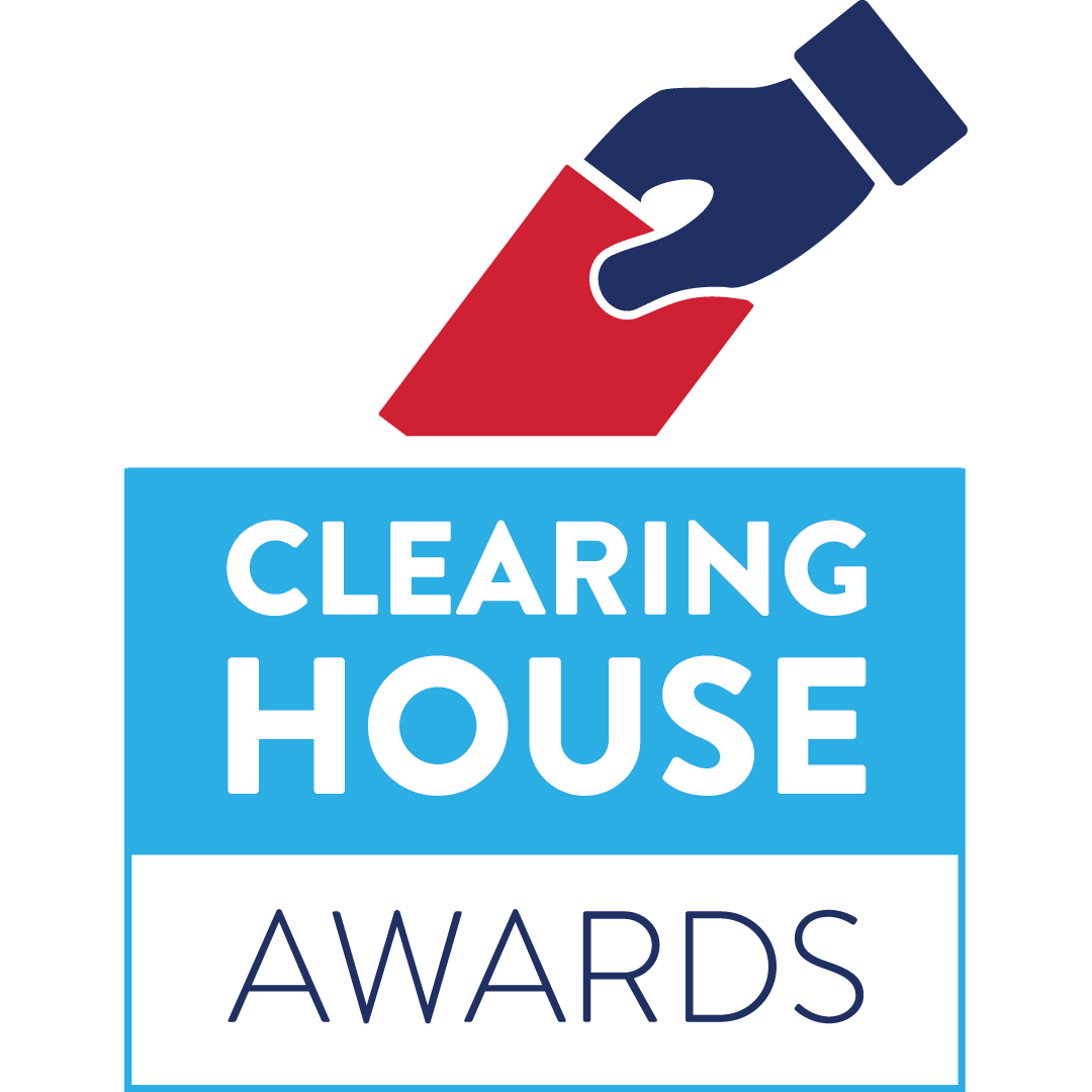 A voter's hand drops a bright red ballot into a box that reads "Clearinghouse Awards."  The voter's hand is navy blue while the ballot box is sky blue with a separate grey background behind the word "Awards."