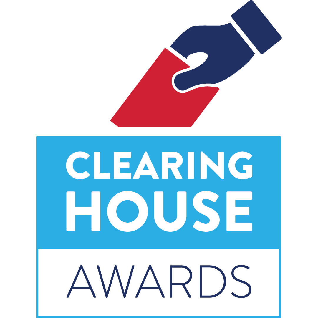 A voter's hand drops a bright red ballot into a box that reads "Clearinghouse Awards." The voter's hand is navy blue while the ballot box is sky blue with a separate grey background behind the word "Awards."