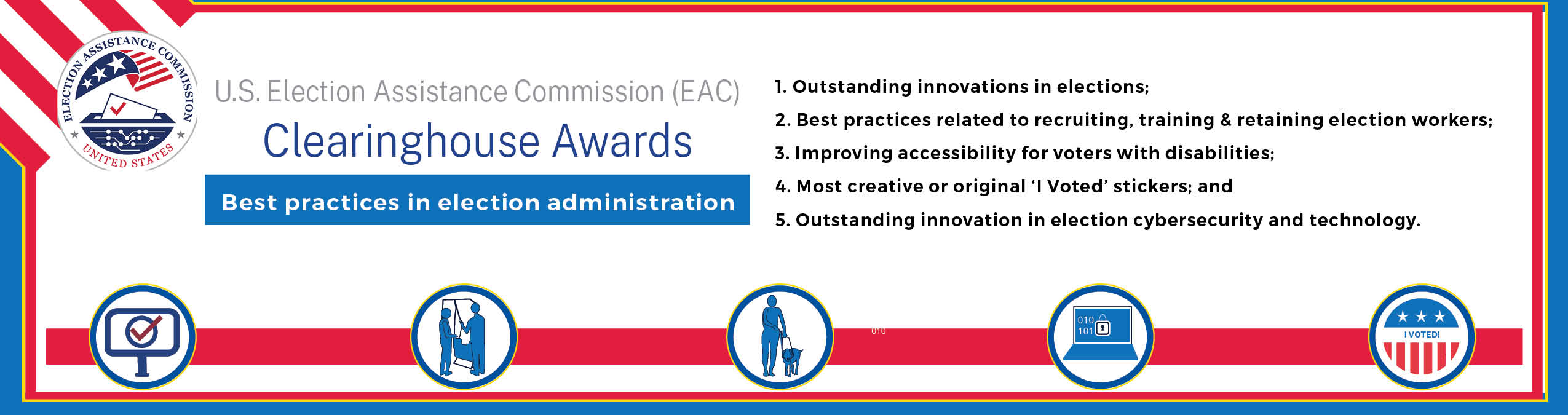 EAC 2020 Clearinghouse Awards: 1. Outstanding innovations in elections; 2. Best practices related to recruiting, training & retaining election workers;  3. Improving accessibility for voters with disabilities;  4. Special 2019 category: Most creative or original ‘I Voted’ stickers and 5. Outstanding innovation in election cybersecurity and technology.