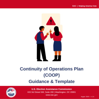 Graphic of two people looking at an error sign (red triangle with exclamation point), EAC logo on bottom left, Main text: "EAC| Helping America Vote" (top right), "Continuity of Operations Plan (COOP) Guidance & Template", "U.S. Election Assistance Commission 633 3rd Street NW, Suite 200 | Washington DC 20001 www.eac.gov"