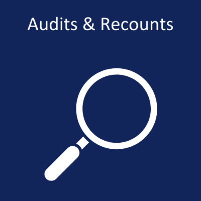 Image of a magnifying glass. "Audits & Recounts"