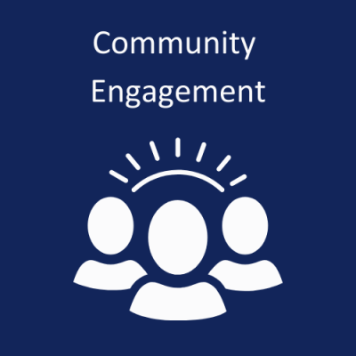 Image of three people with lines above their heads indicating communication. "Community Engagement"