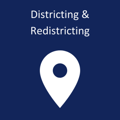 Image of a mapping pin. "Districting & Redistricting"