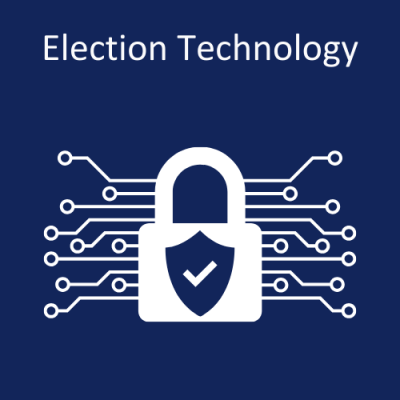 Image of a lock with a checked security seal and circuits coming out of the lock. "Election Technology"