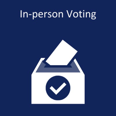 Image of a ballot box with a check mark on the box and a ballot entering the top of the box. "In-person Voting"