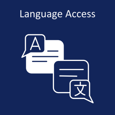 Image of discussion boxes and different languages depicted in each. "Language Access"