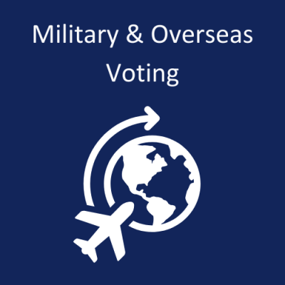Image of a globe, an arrow circling the globe, and an airplane. "Military & Overseas Voting"