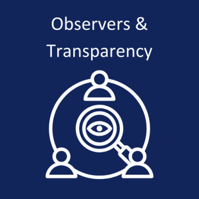 Image of three people, connected by a circle. In the center of the circle and people there is an image of an eye. "Observers & Transparency"