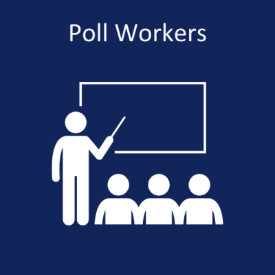 Image of a teacher pointing to a black board and three students. "Poll Workers"
