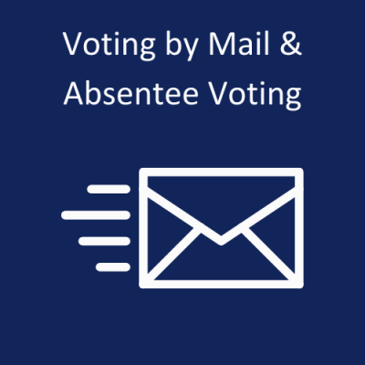  Image of a moving piece of mail. "Voting by Mail & Absentee Voting"