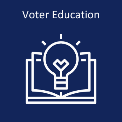 Image of an open book with a lightbulb. "Voter Education"
