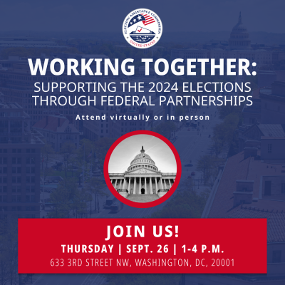  Top center is a circular EAC logo, below in bold white text reads "Working Together: Supporting the 2024 Elections through Federal Partnerships". 