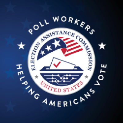 Alt. Text: Gradient dark blue background, with the EAC logo in the center. Text around EAC logo includes "Poll Workers" (star image) "Helping Americans Vote" (star image)