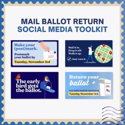 Mail Ballot Return Social Media Toolkit, four-panel grid: postmark reminder, walk/mail/drop options with a map, 'early bird gets the ballot' with birds at a mailbox, and 'return your ballot' with a drop box. All list Tuesday, November 3rd as the deadline.