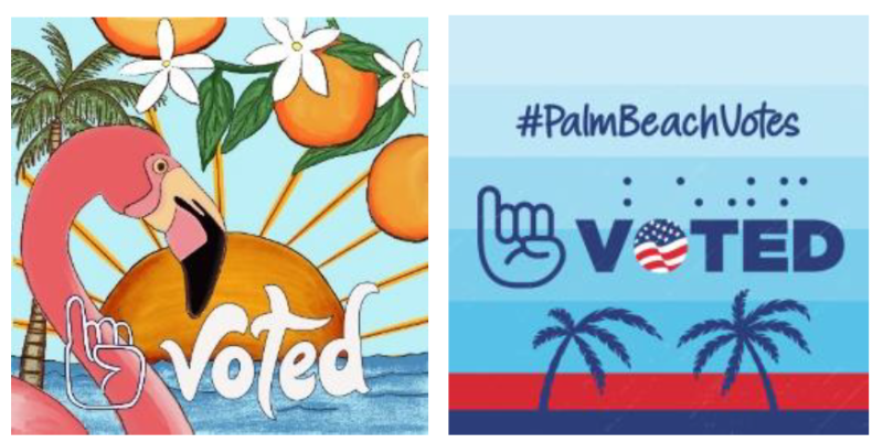 Two stickers using sign language and braille. One with flamingo and oranges, one with palm tree silhouettes. 