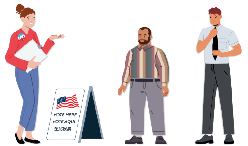 An illustration of a smiling poll worker standing next to a voting sign with two voters standing in line. 