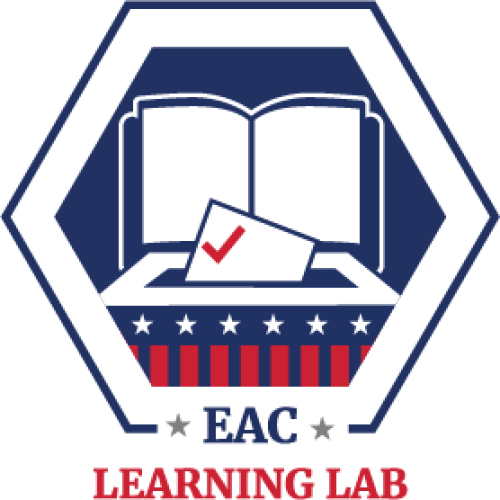 Image of an open book behind a ballot box and a ballot with a red check mark entering the box. "EAC Learning Lab"