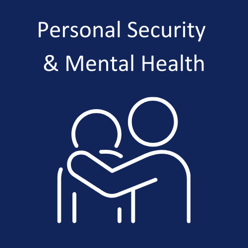 Image of two people while one has their hand on the other person's shoulder. "Personal Security & Mental Health"