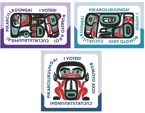 3 stickers from Alaska with indigenous imagery and language. 