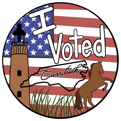 "I voted" Illustration of US flag, horse, bell tower, and North Carolina state outline.