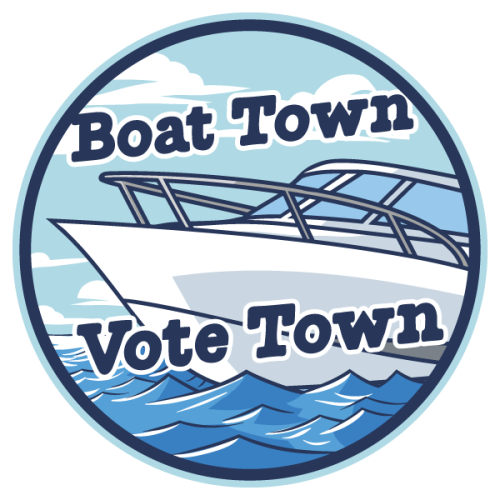 "Boat Town Vote Town" Drawing of speedboat. 