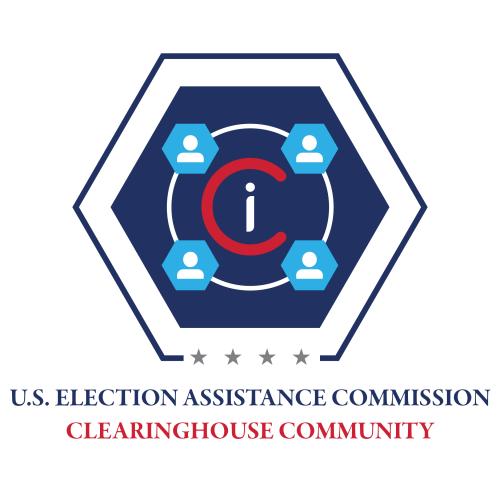 Logo of the U.S. Election Assistance Commission Clearinghouse Community. The design features a dark blue hexagon with smaller light blue hexagons inside, each containing a white person icon. In the center, a red letter 'C' encircles a lowercase 'i' symbol, representing information. Below the graphic, the text reads 'U.S. Election Assistance Commission' in blue and 'Clearinghouse Community' in red, with four gray stars between two horizontal lines.