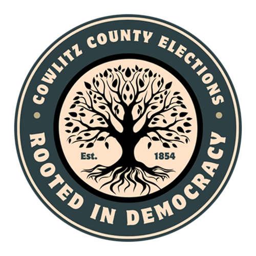 Circular dark green, black, and tan sticker with wrapped text reading “Cowlitz County Elections, Rooted in Democracy”. 