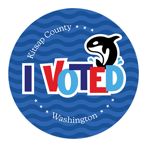 Circular sticker with wavy blue water background, circular wrapped white text reads “Kitsap County Washington”, with centered red, white, and blue text reading “I VOTED” with a black and white orca whale drawing.