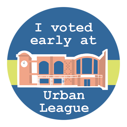 Circular sticker with light blue background, centered white text reads “I voted early at Urban League”, centered is a pink and blue image of a library on yellow background strip. 