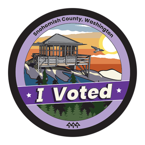 Circular sticker with black and light purple border, black text reads “Snohomish County, Washington with bold white text reading “I Voted”. Centered in the background is a wooden structure with scenic view behind it. 
