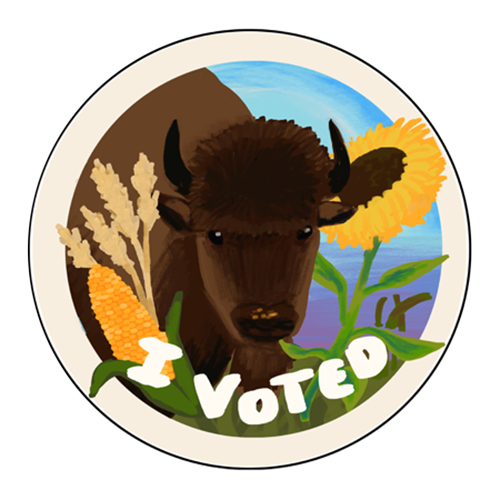 Circular sticker with light tan border, centered is a brown hand painted buffalo in meadow with white text below it reading “I VOTED”. 