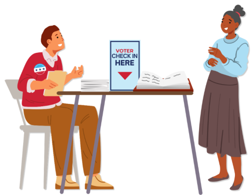 An illustration of a smiling poll worker sitting at a table checking in a voter in blue shirt and skirt. 